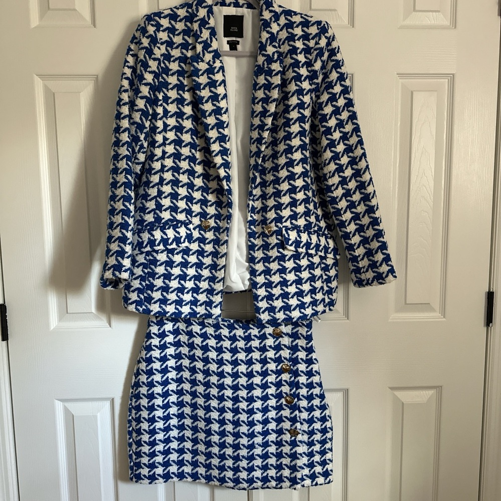 River Island Blue and White Houndstooth Blazer